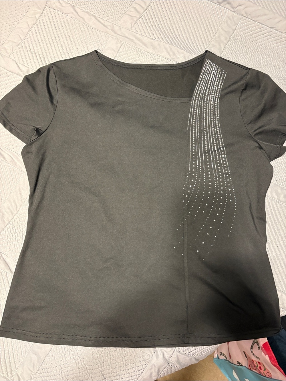 Women's Black Short-Sleeve Top with Rhinestone Stream Detail